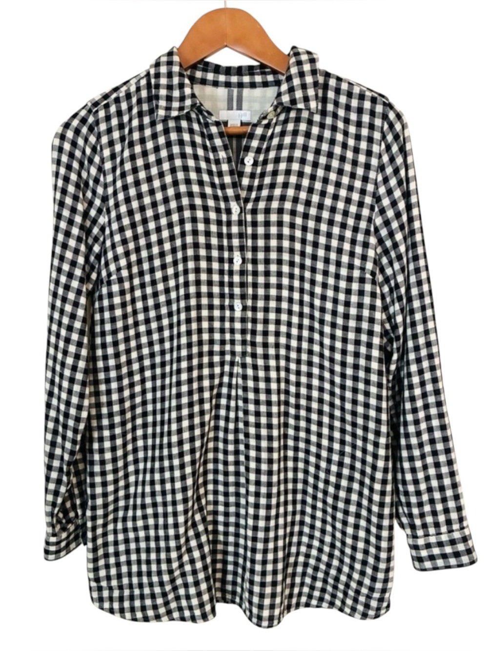 J. Jill Black XS Cream Oversized Flannel Plaid Tunic Popover Top Blouse Pockets